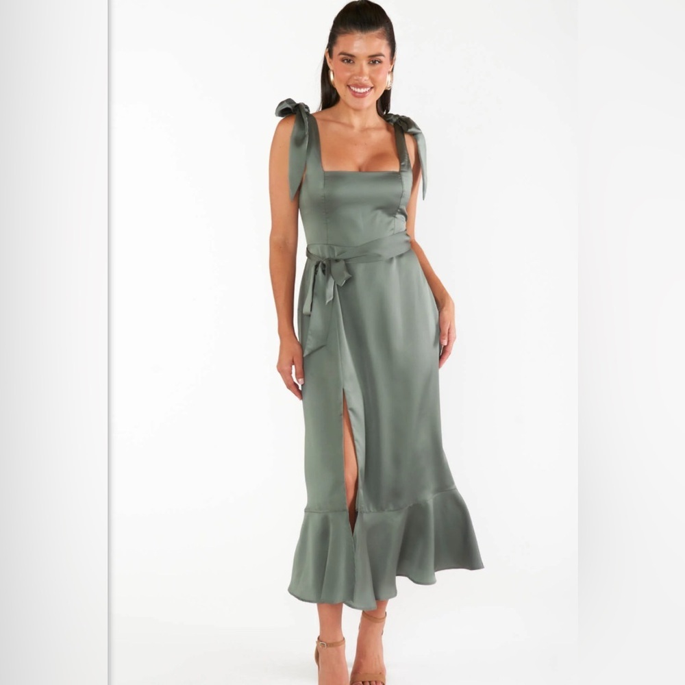 Show Me Your MuMu NWT‎ Deep Sage Lux Satin Claire Midi Formal Dress, Size Small